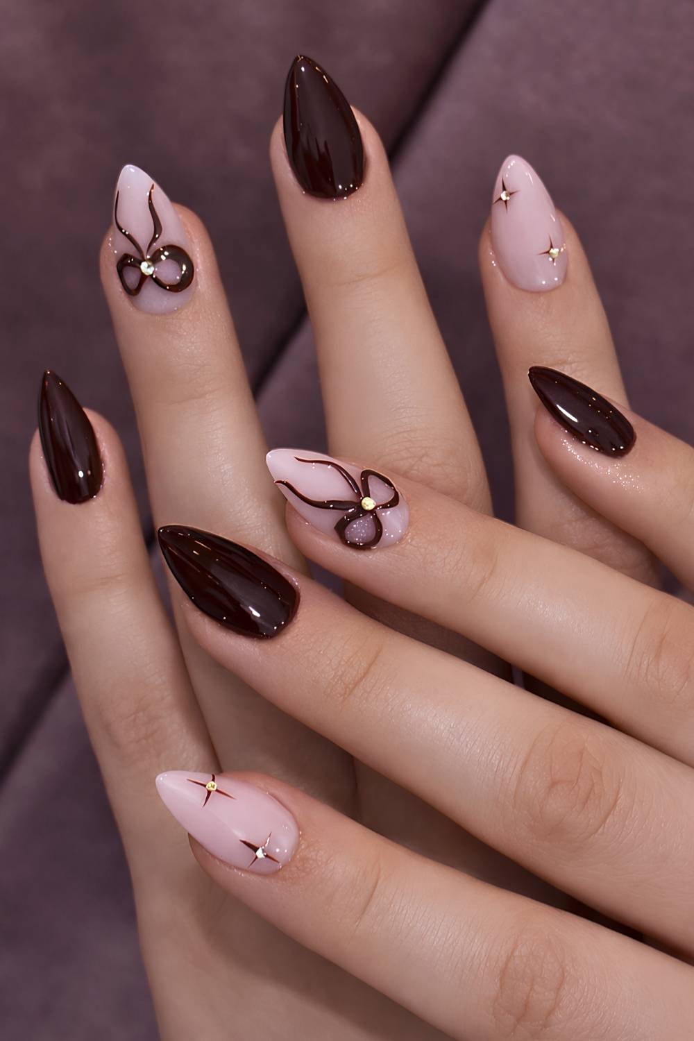 Cherry mocha mani with textured bows