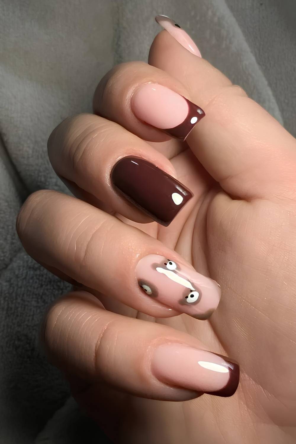 Chocolate brown nails with teddy bear art