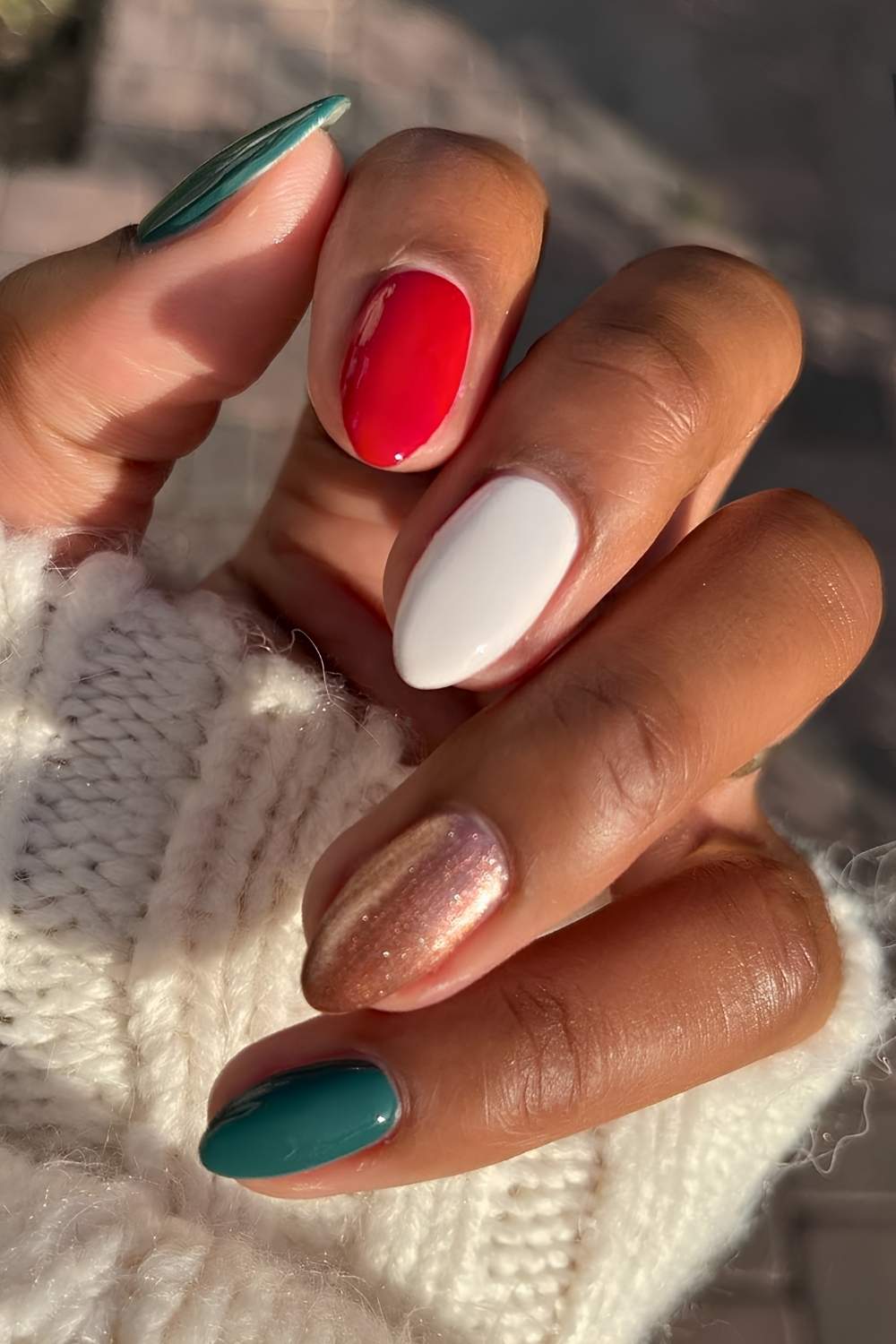 Christmas skittle manicure with glitter