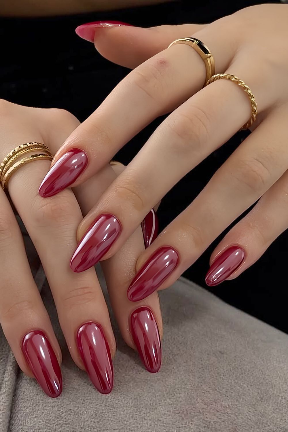 Chrome cherry red nails