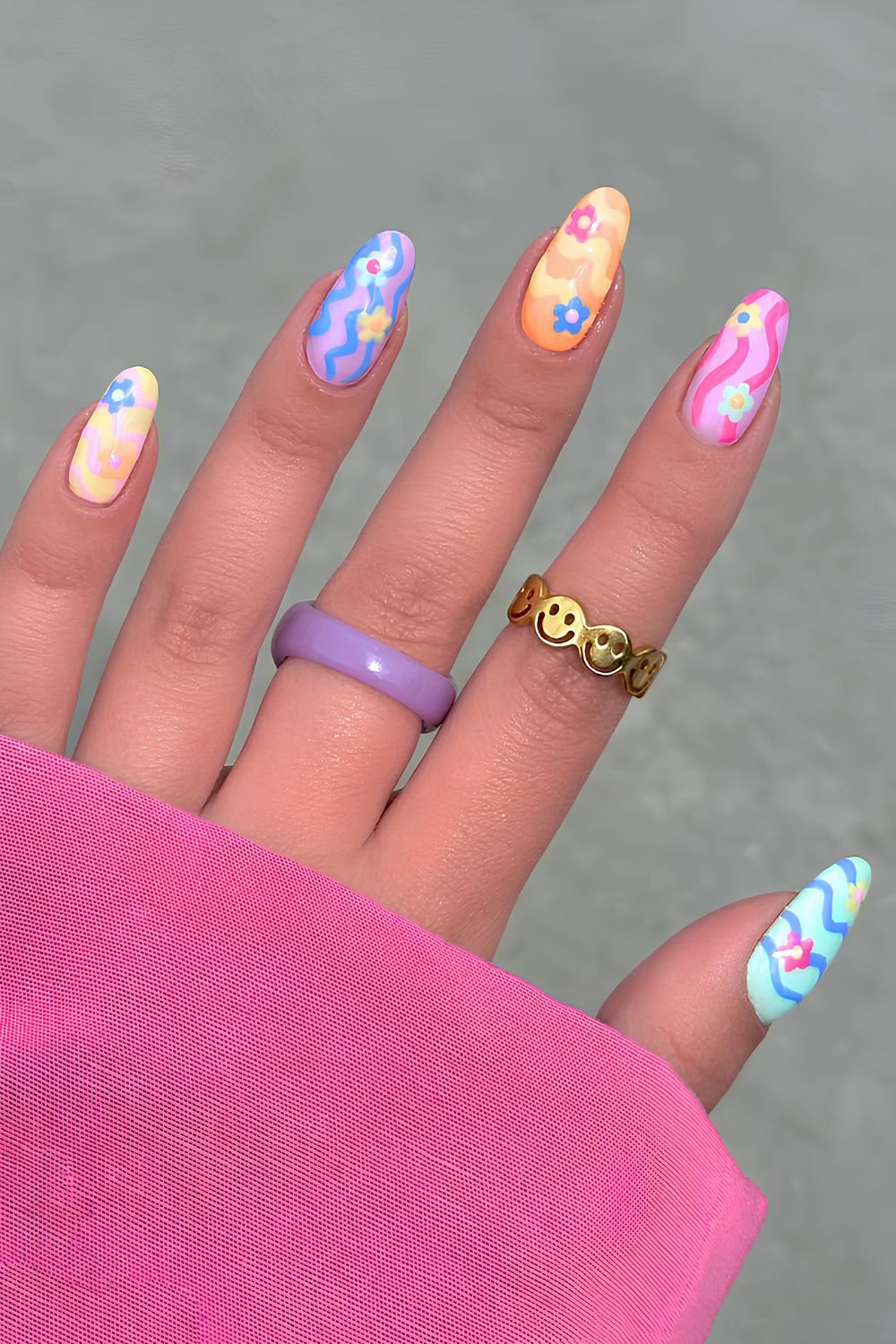 Colorful and funky floral nails