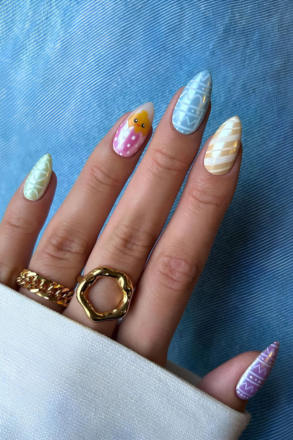 Colorful chrome Easter nails with chicken accent