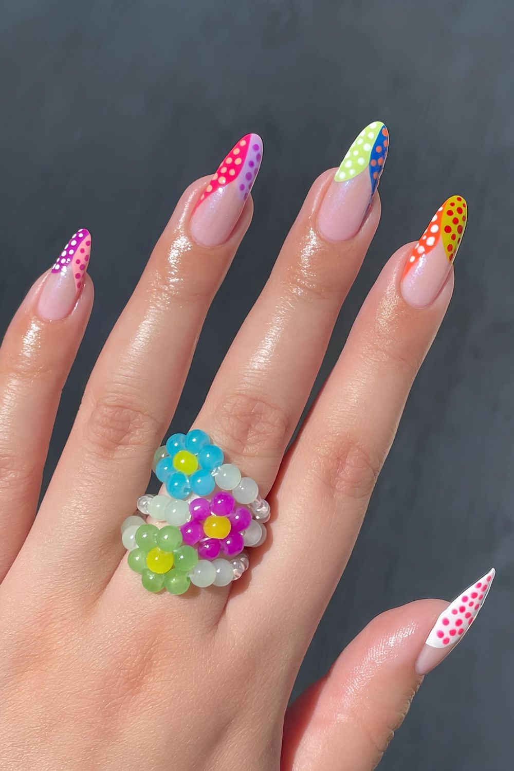 Colorful dotted French tip nails