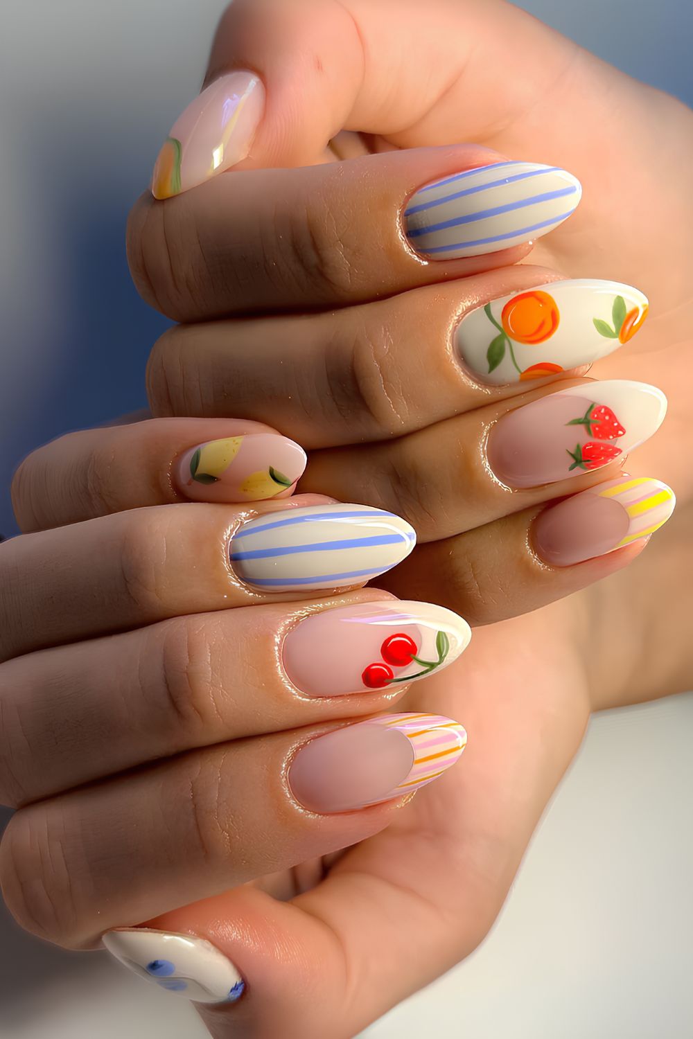 Colorful mani with fruit and stripe accents