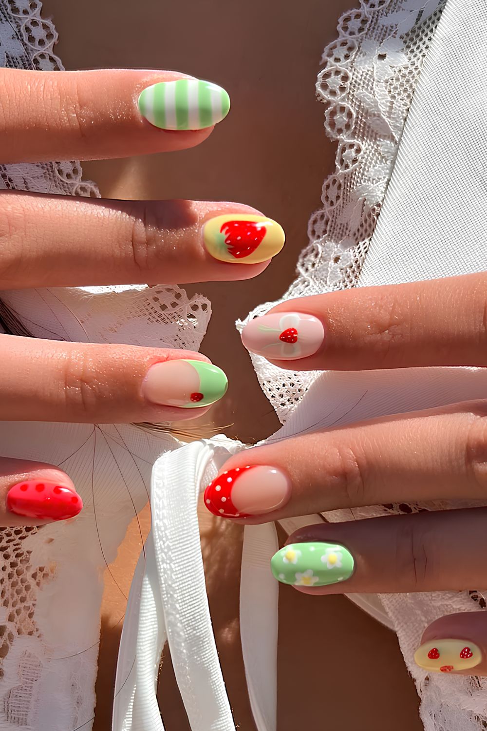 Colorful mix and match nails with strawberries