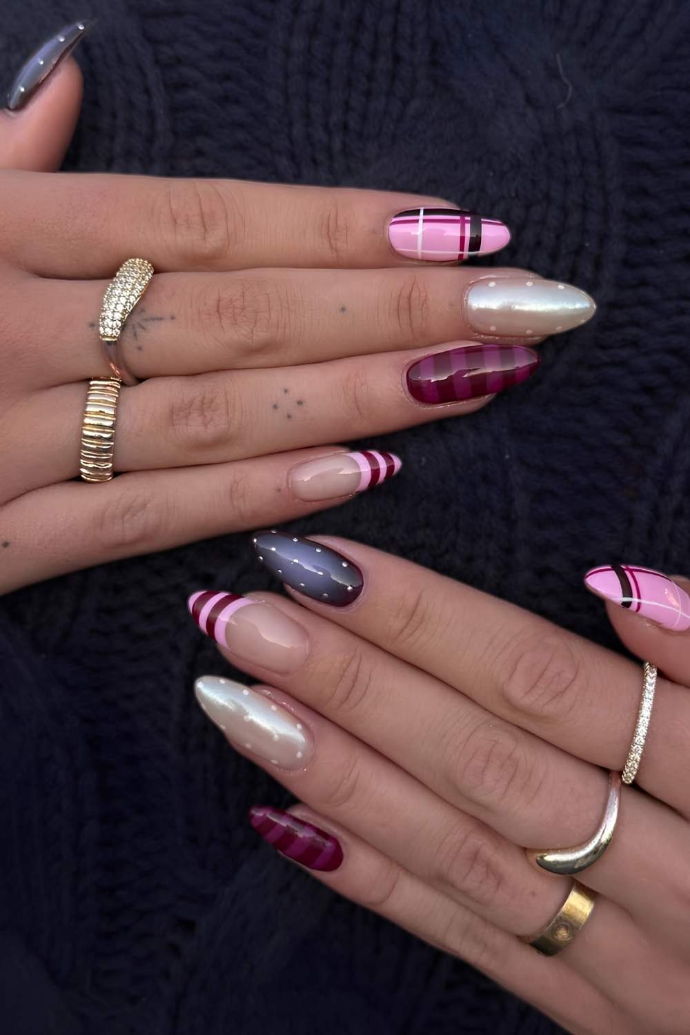 Colorful nails with stripes and plaid art