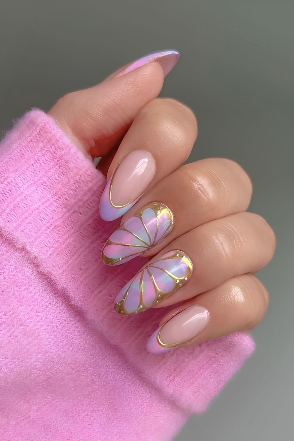 Colorful pastel nails with gold butterfly art