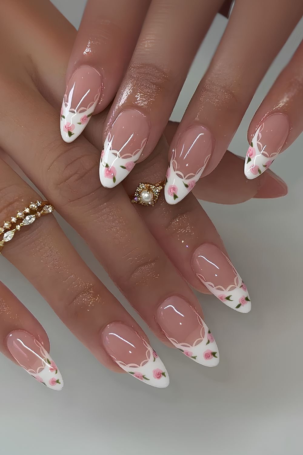 Coquette French mani with tiny roses