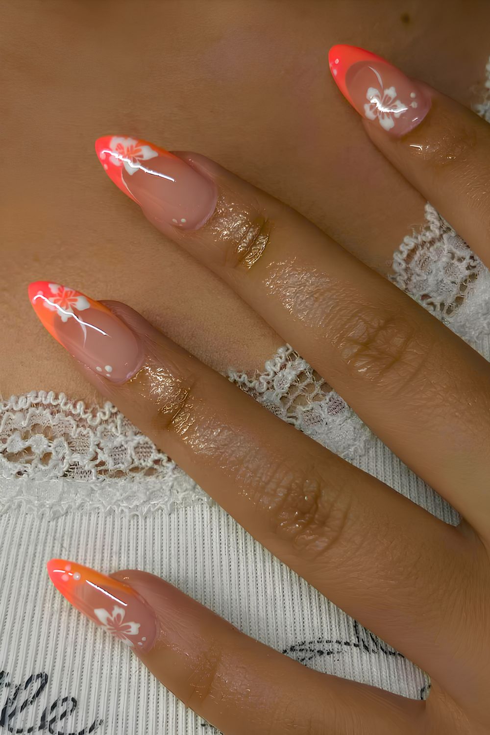 Coral French mani with hibiscus art