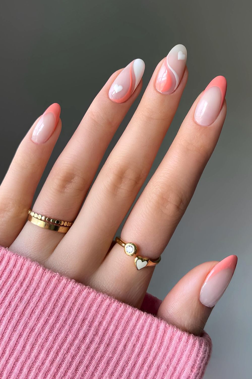 Coral and white nails with heart art