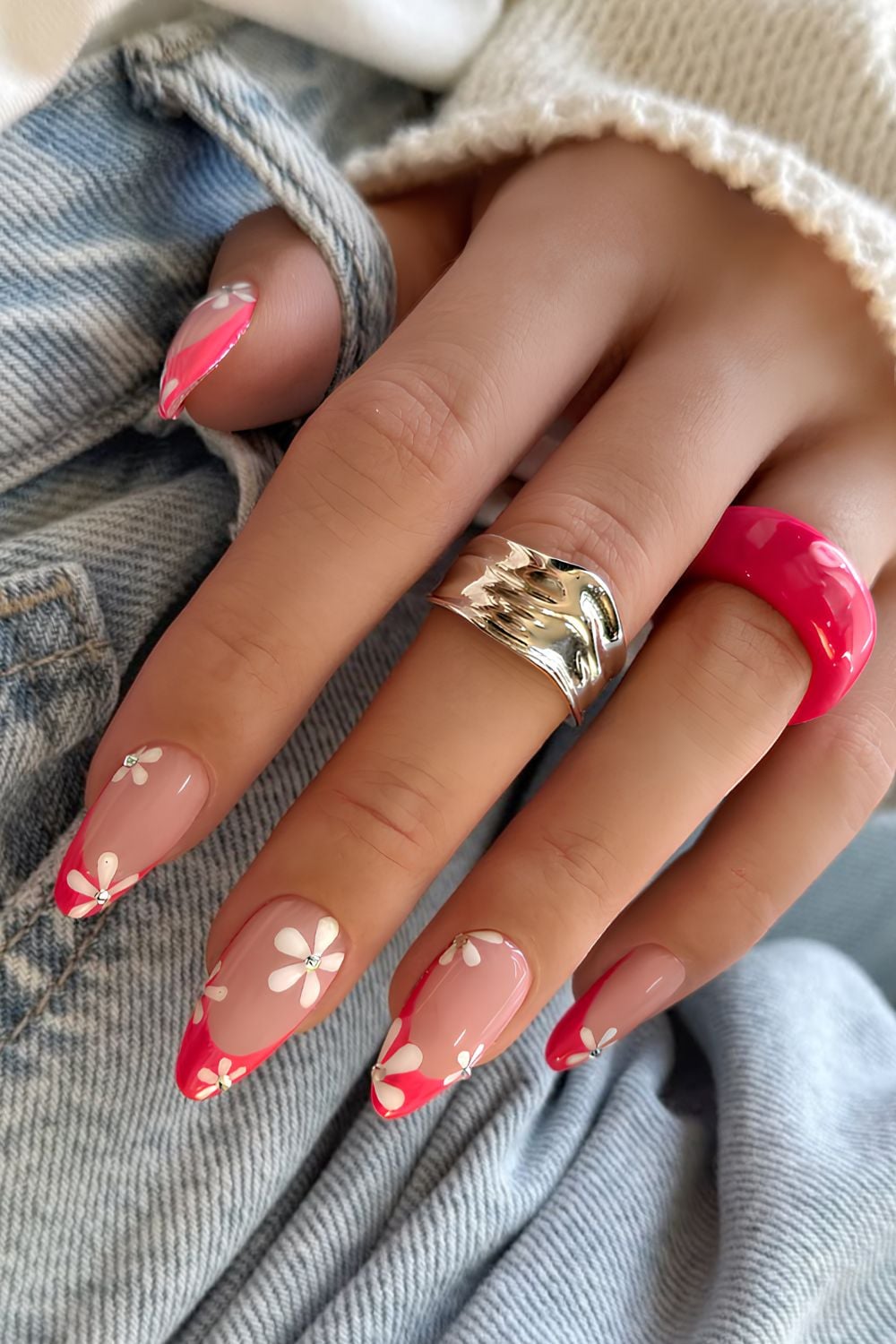 Coral pink floral French nails