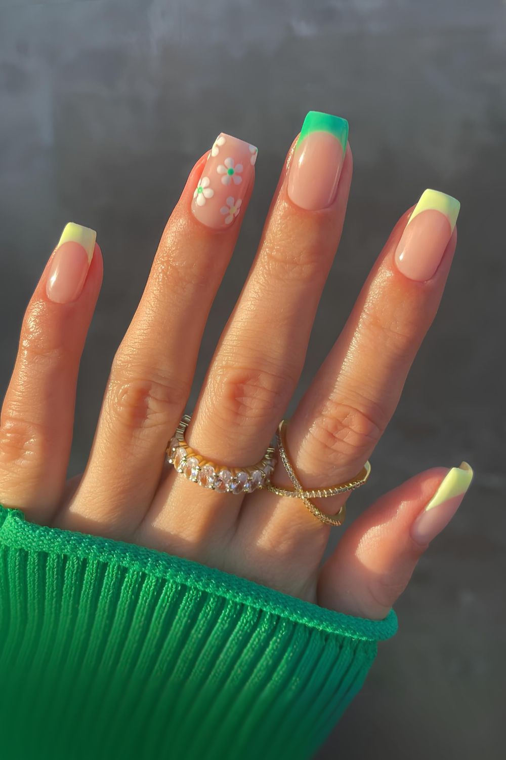 Daisy French nails in two shades of green