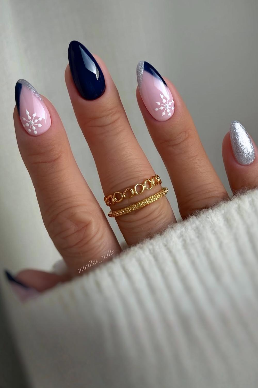 Dark blue mani with silver glitter and snowflakes