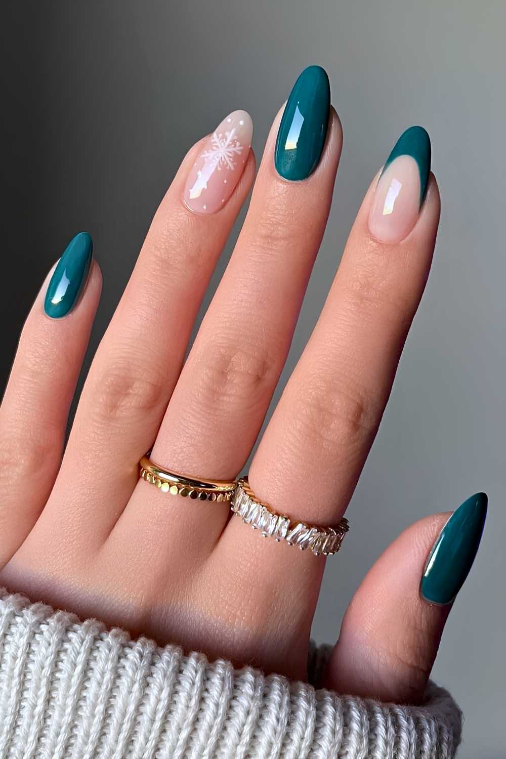 Dark green Christmas mani with accent snowflake