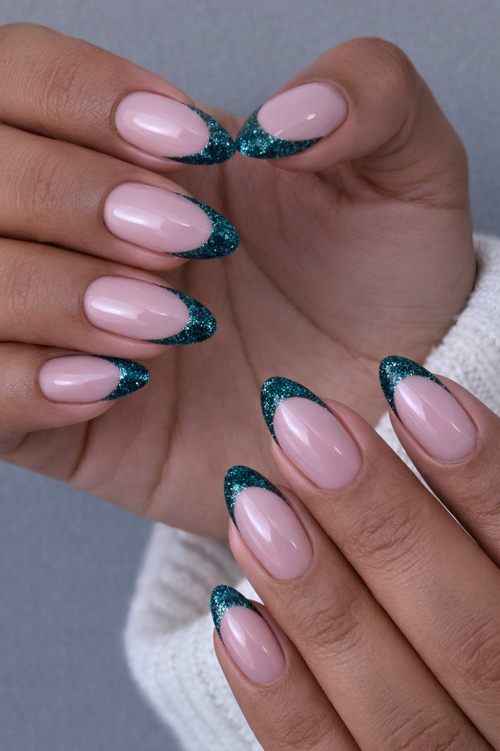 Dark green glitter French nails