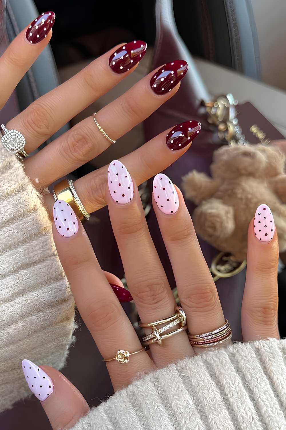 Dark red and pink polka dot nails