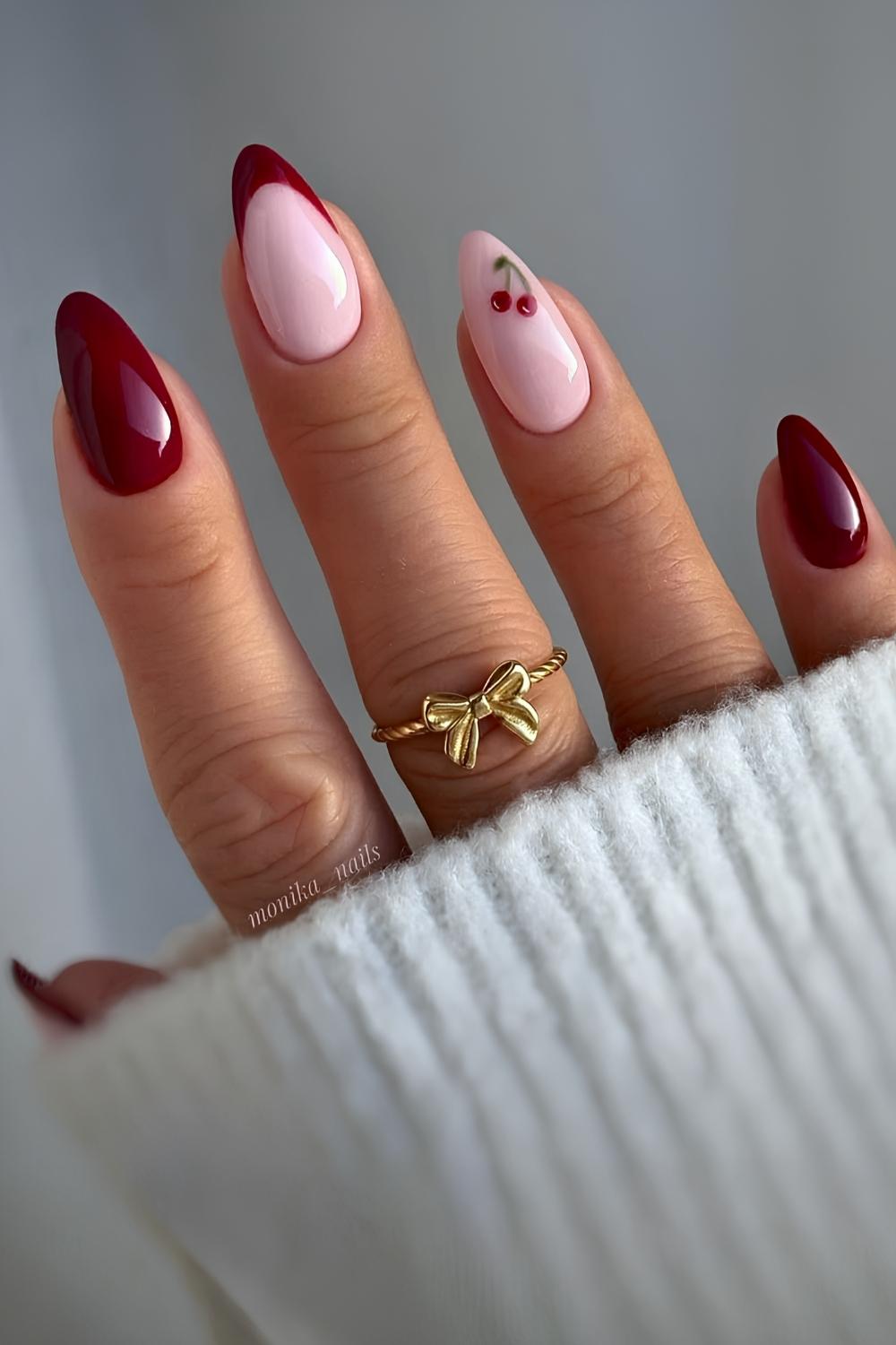 Dark red nails with tiny cherry art