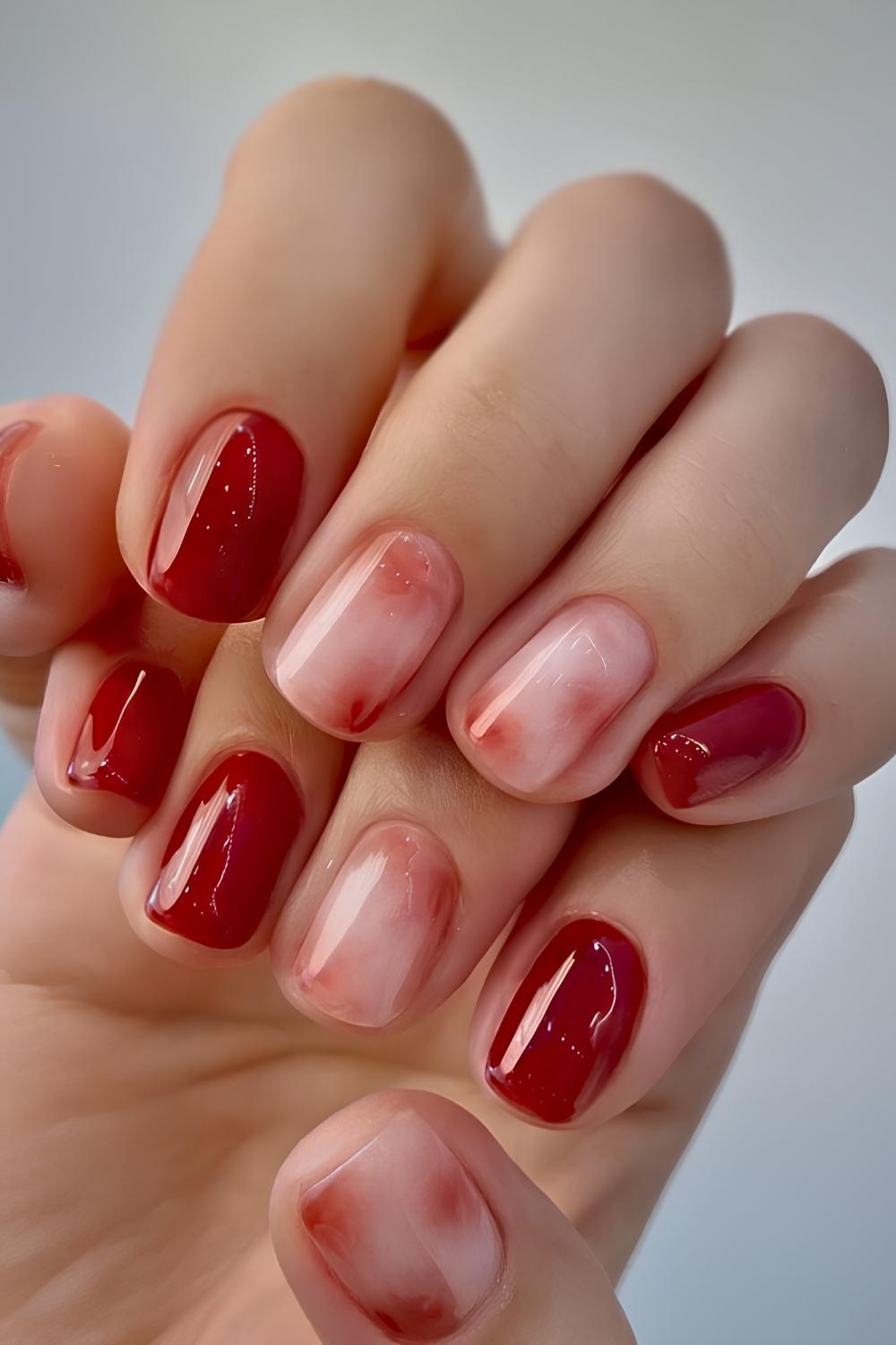 Deep red and white marbe nails