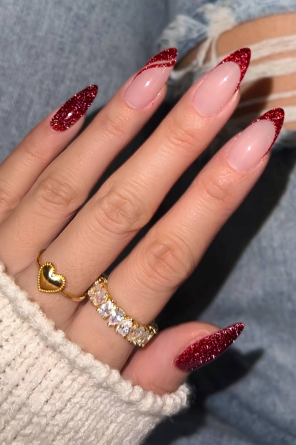 Deep red glitter French manicure