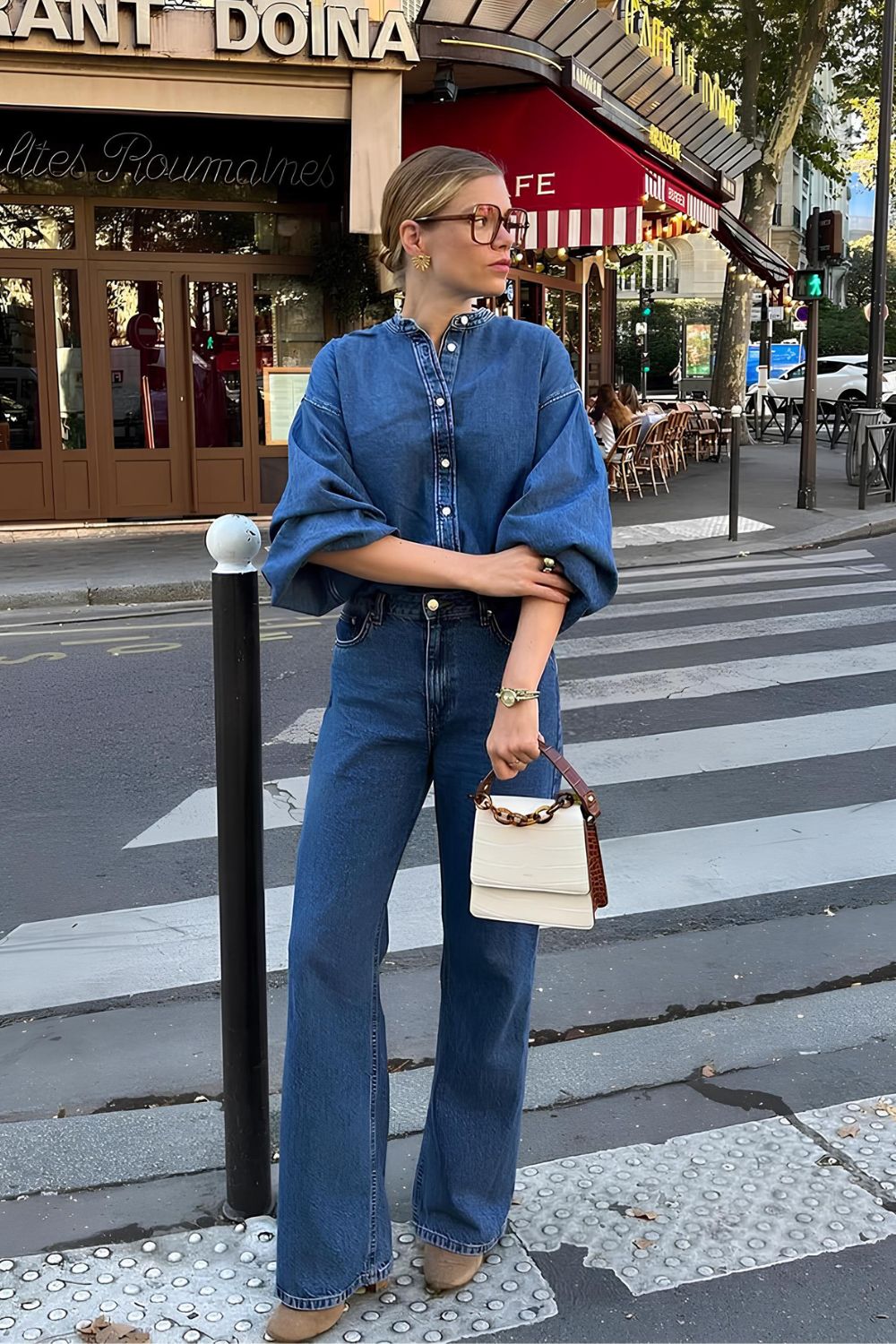 Denim shirt paired with matching wide leg pants