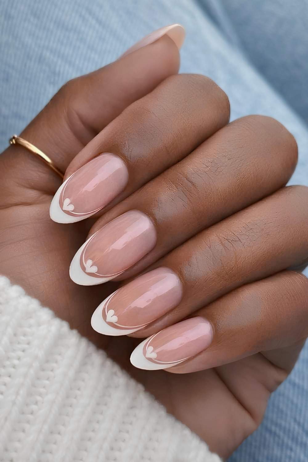 Double white French mani with hearts