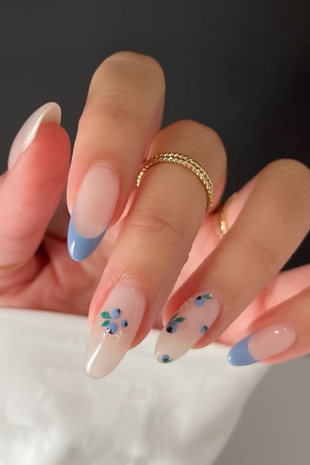 Dusty blue French nails with bluberries