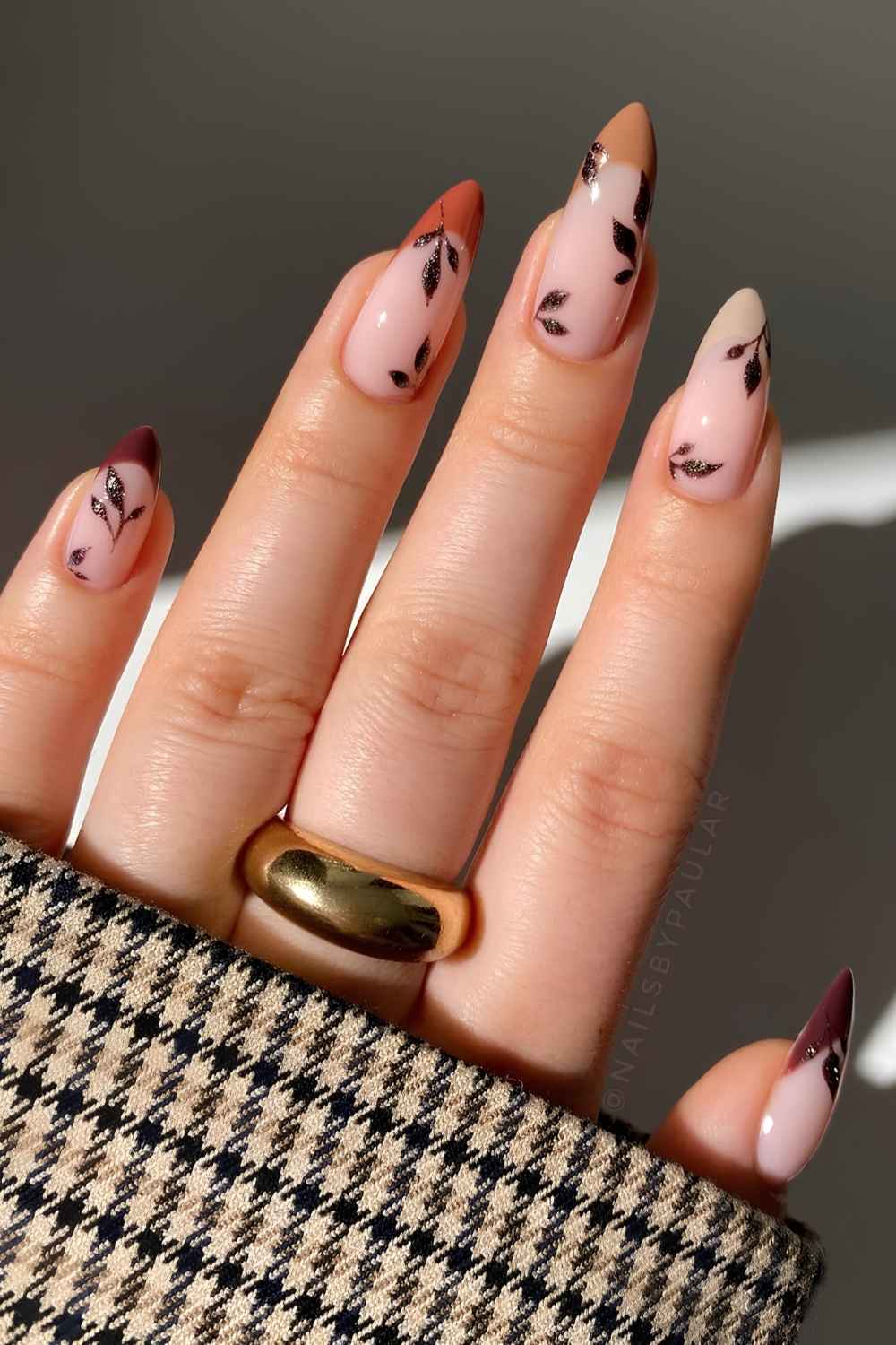 Earthy skittle French mani with fall leaf art