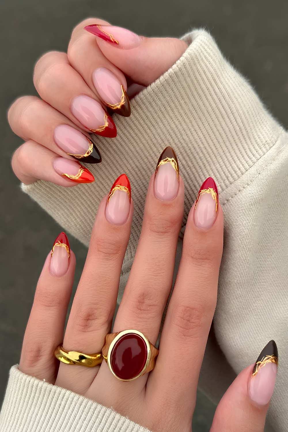 Fall skittle French nails with gold outlines