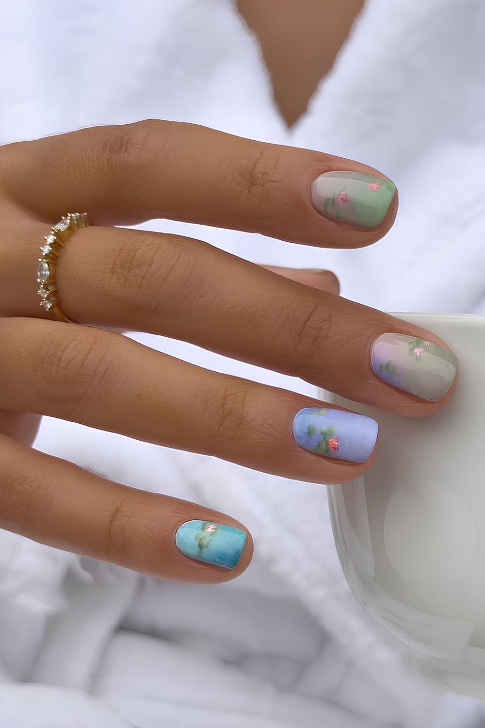 Floral watercolor effect nails