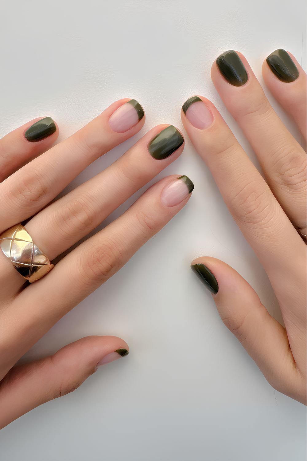 Forest green solid and french tip mix manicure