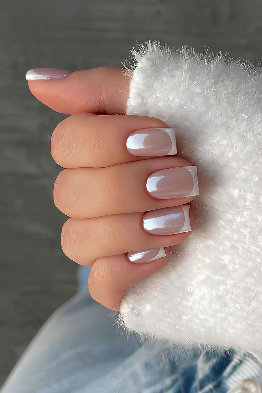 French mani with gray chrome finish
