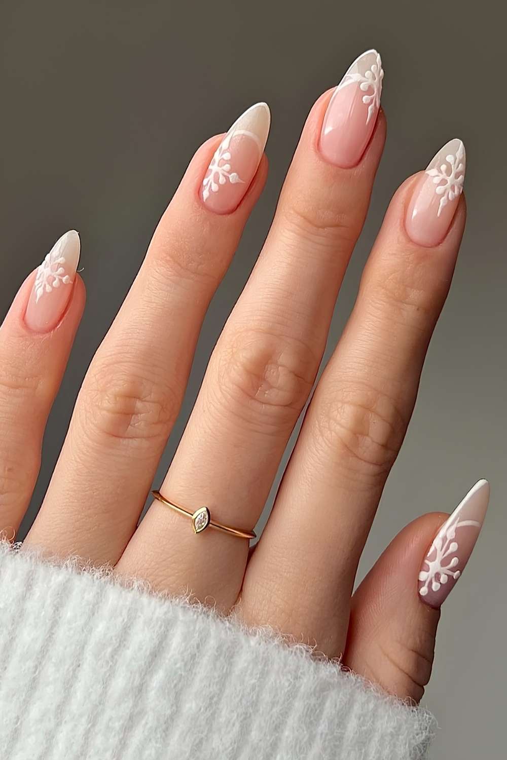 French tip outline manicure with snowflakes