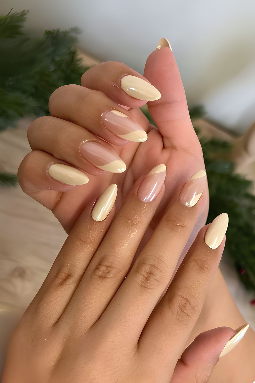 Glazed butter yellow mani with negative space accent