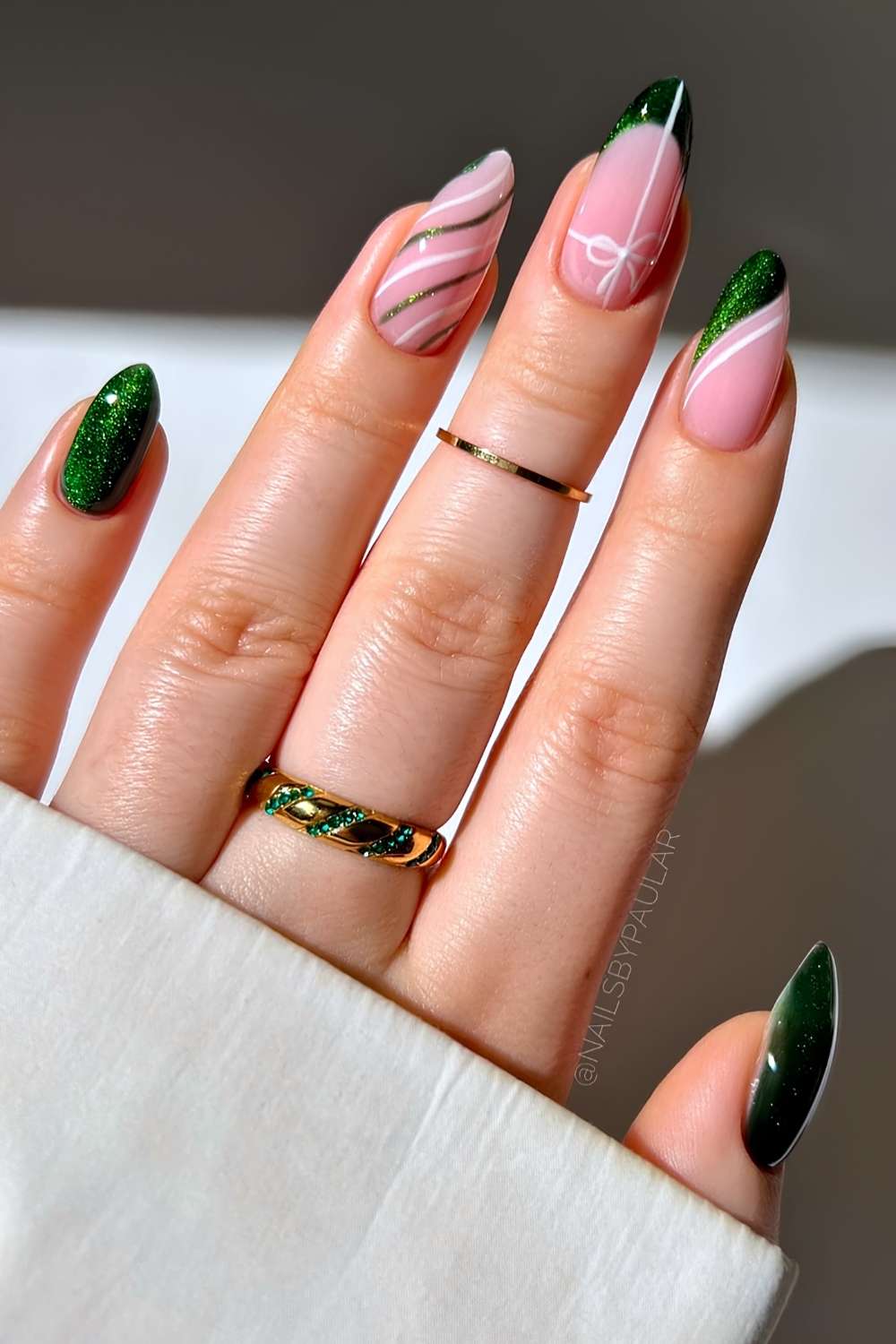 Glittery green nails with Christmas themed art
