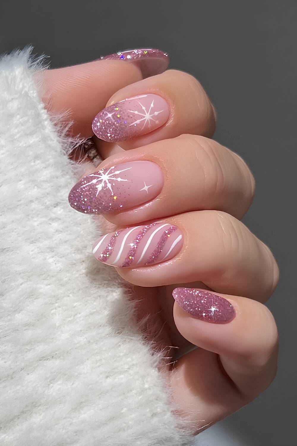 Glittery pink nails with snowflakes and stripes