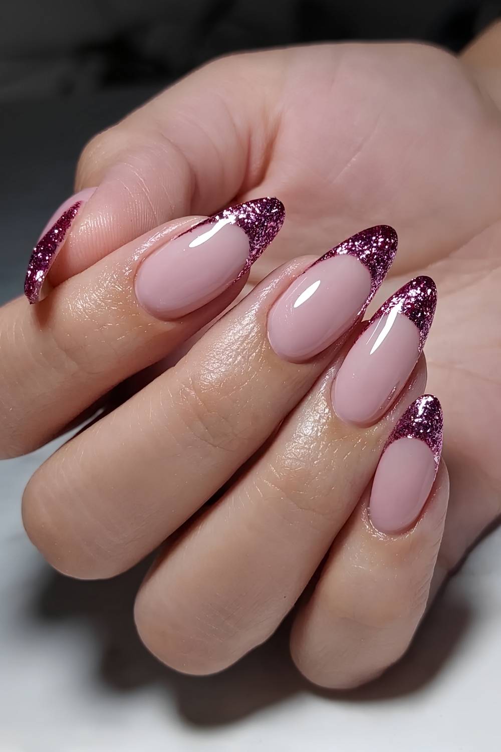 Glittery rose gold French manicure