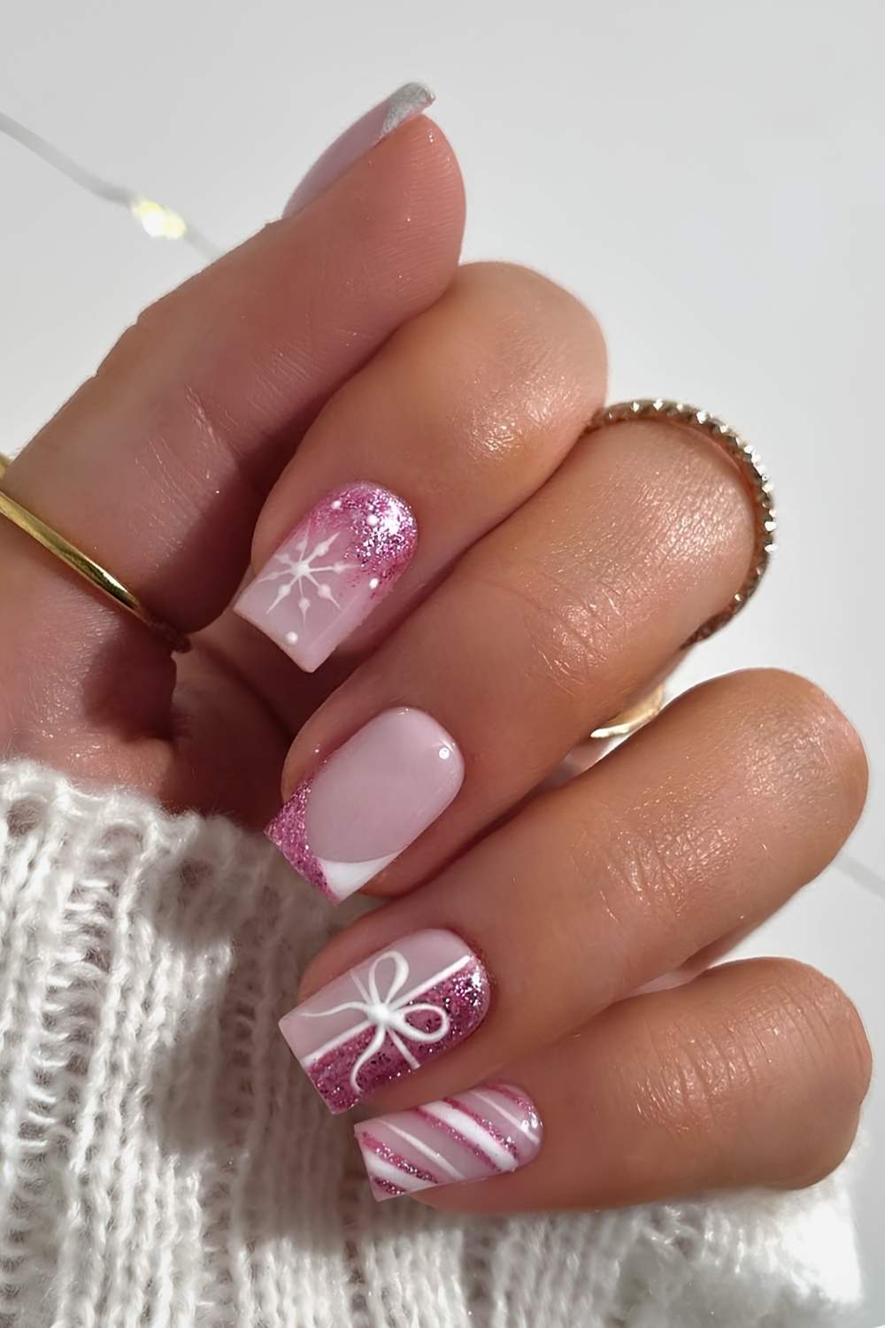 Glittery white and pink Christmas nails