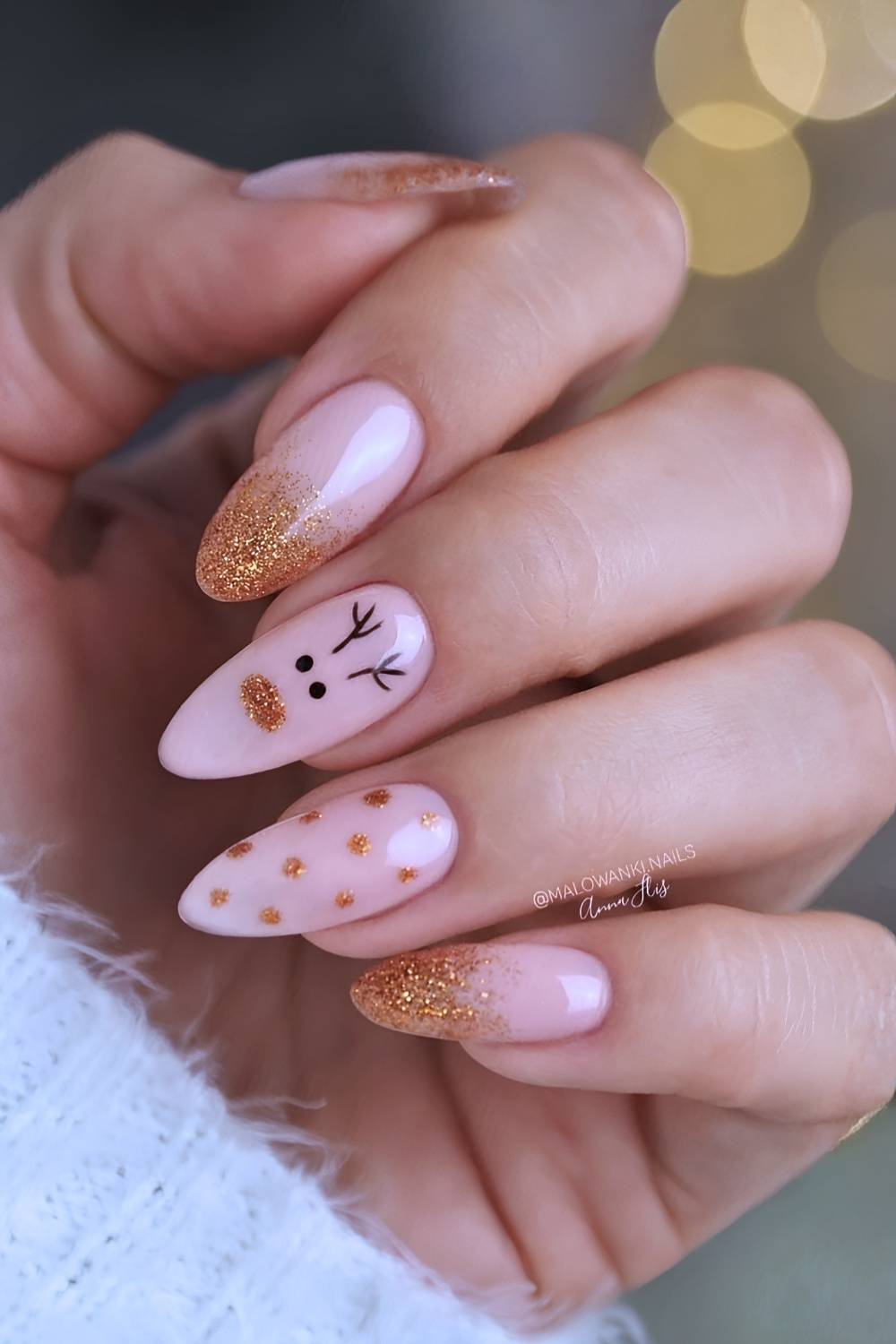 Gold Christmas nails with dots and Rudolph art