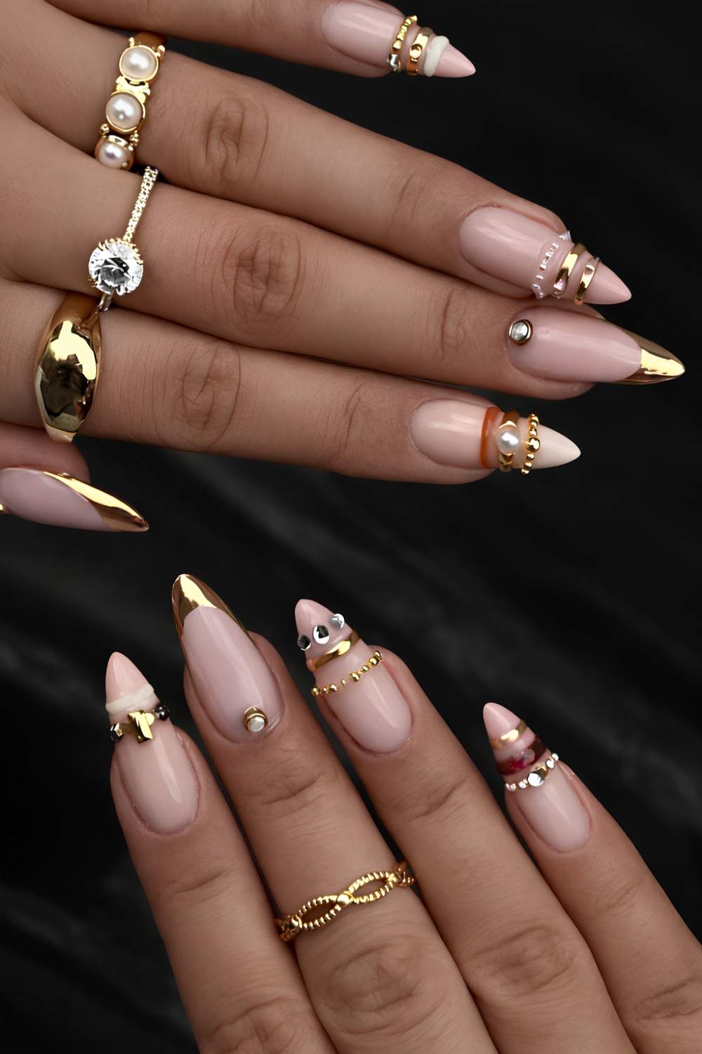 Gold French mani with bangle inspired art and gems