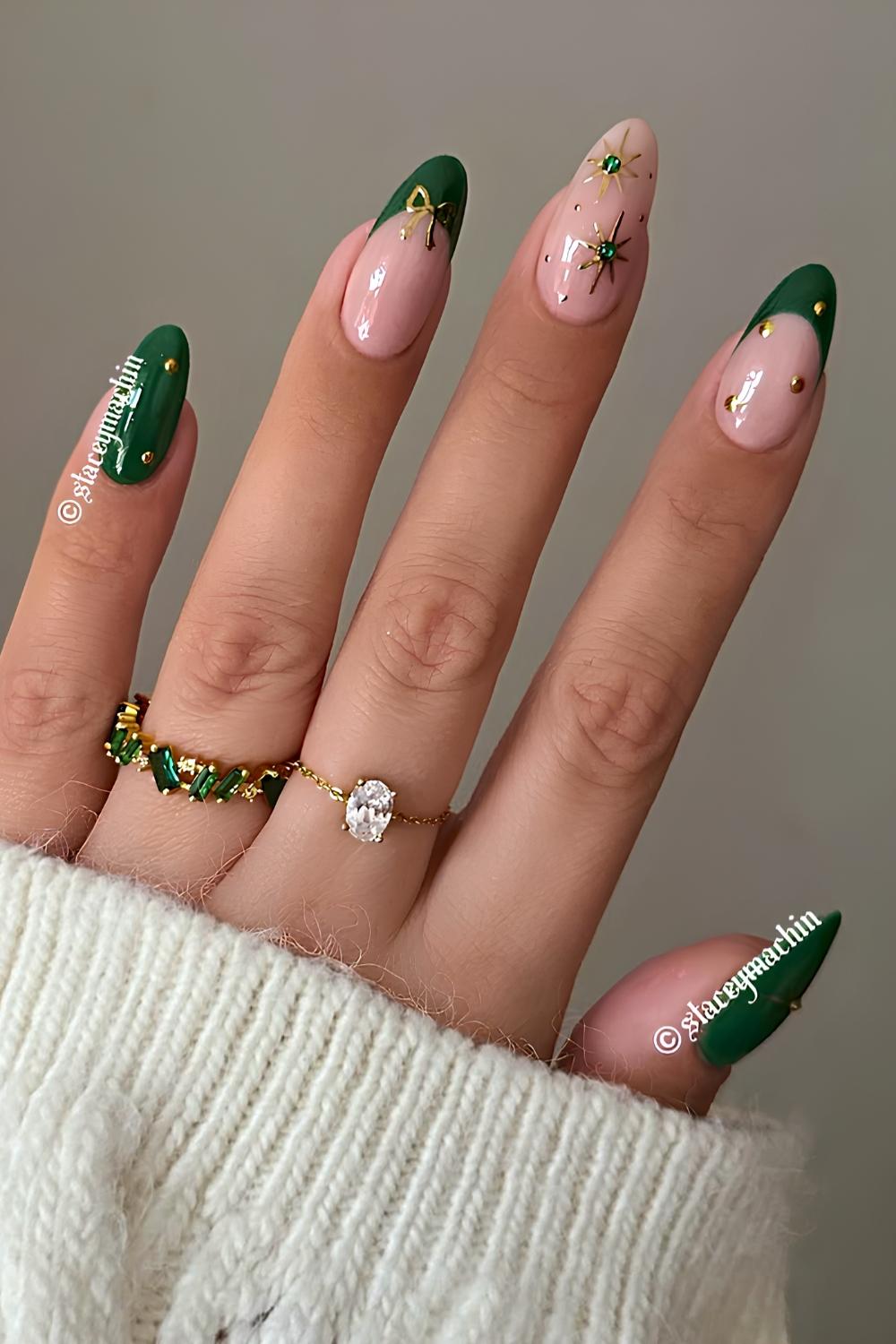 Gold and green Christmas mani with bows and gems