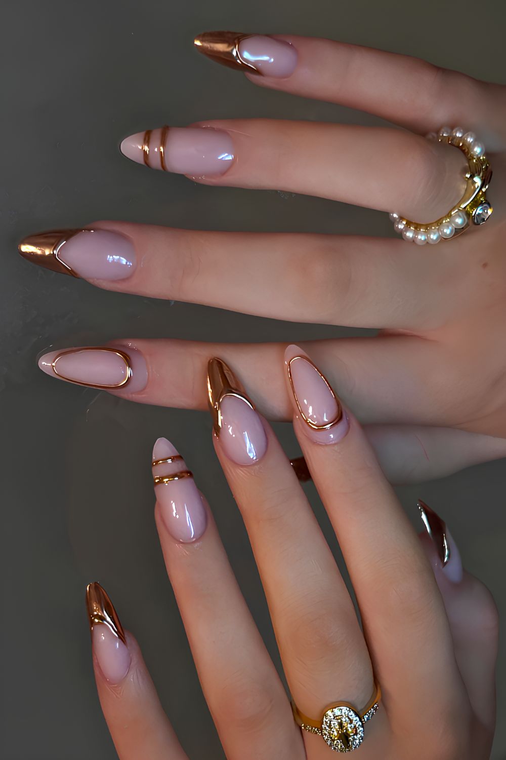 Gold chrome French tips with line art