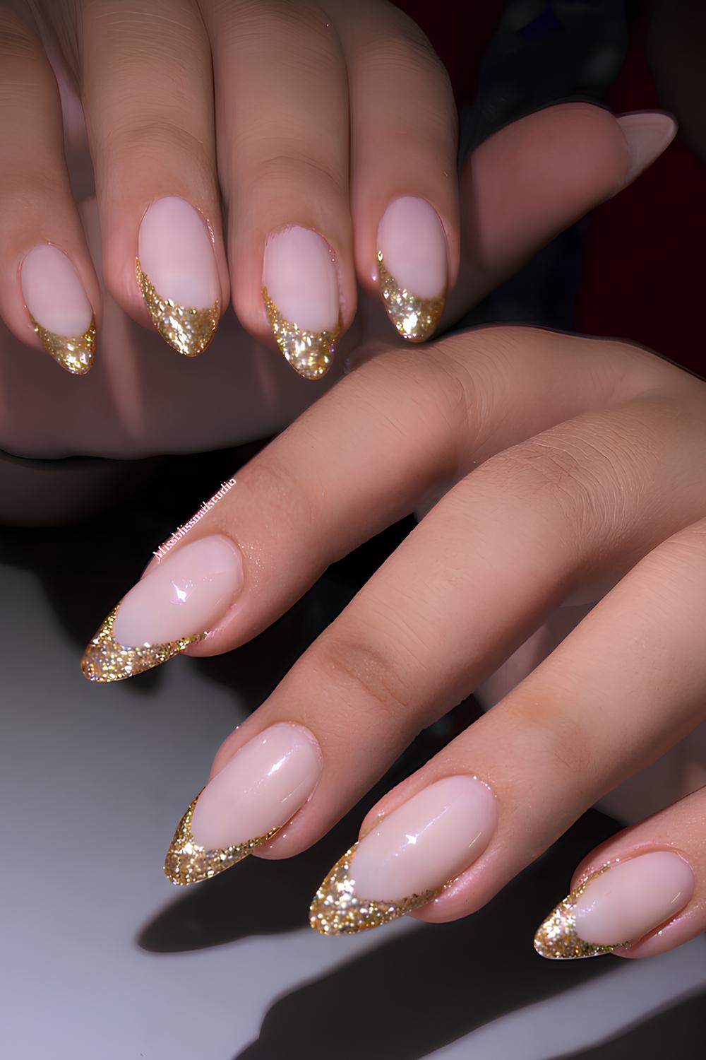 Gold glitter French tip manicure