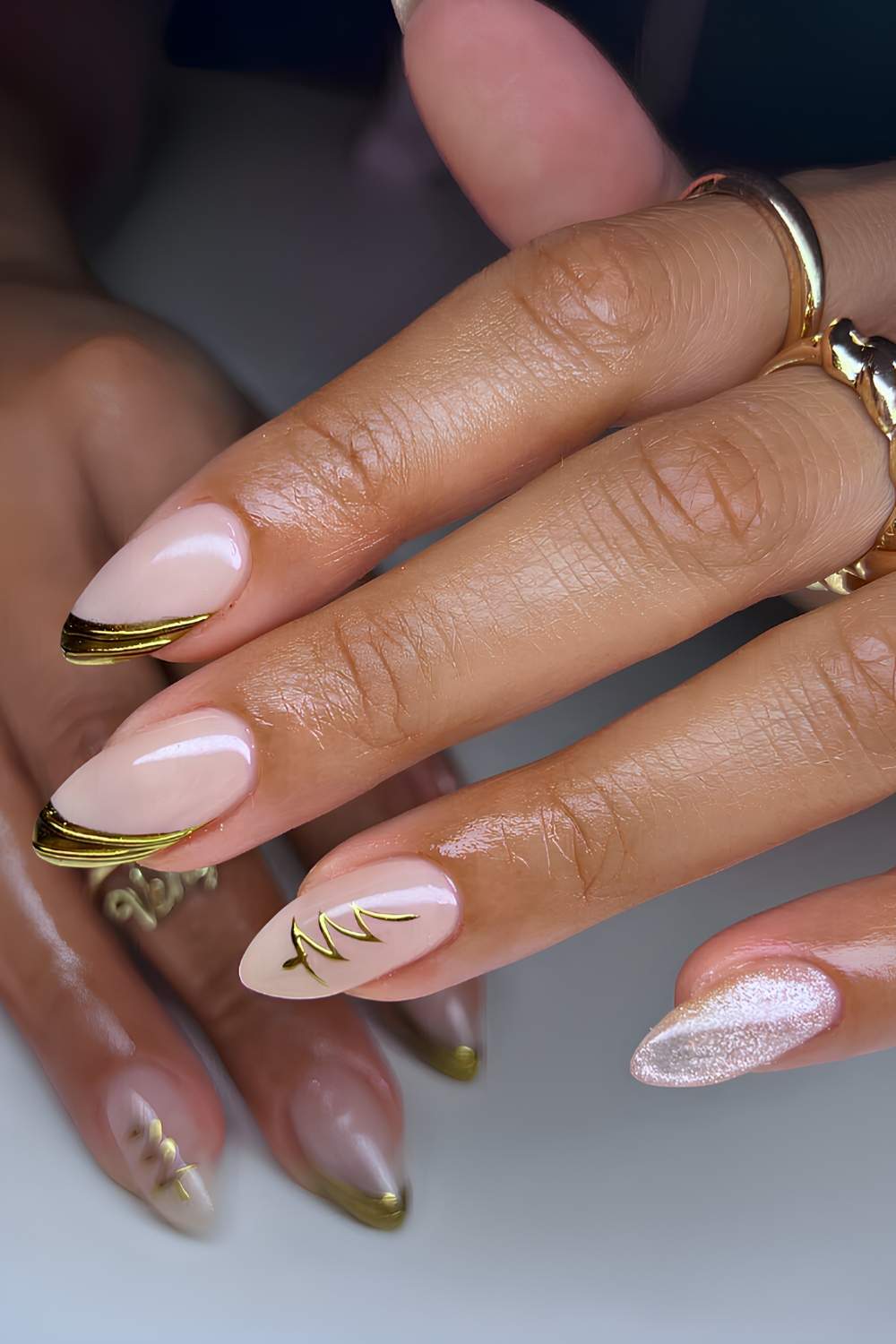 Gold side French mani with Christmas tree art