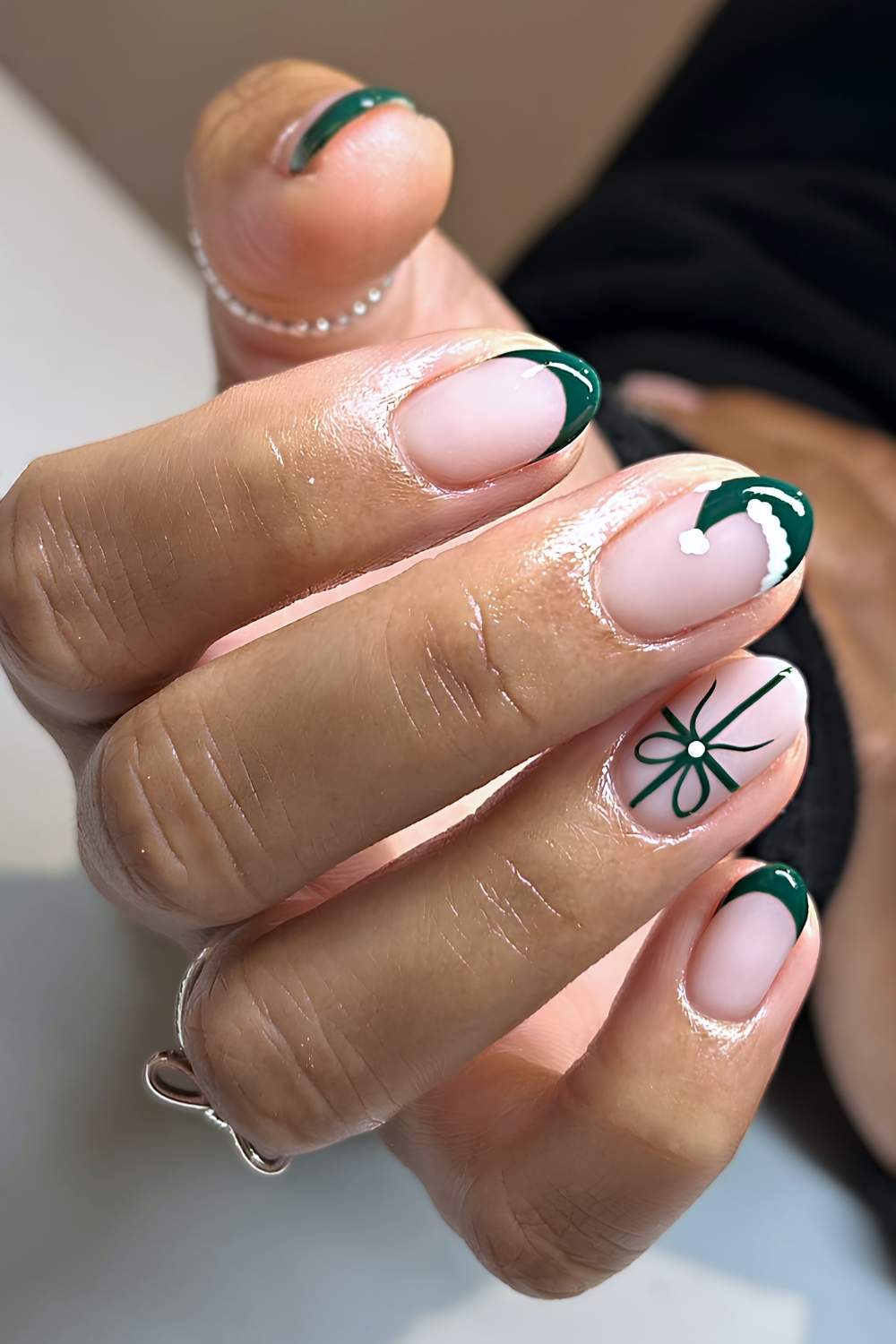 Green French mani with Santa hat art