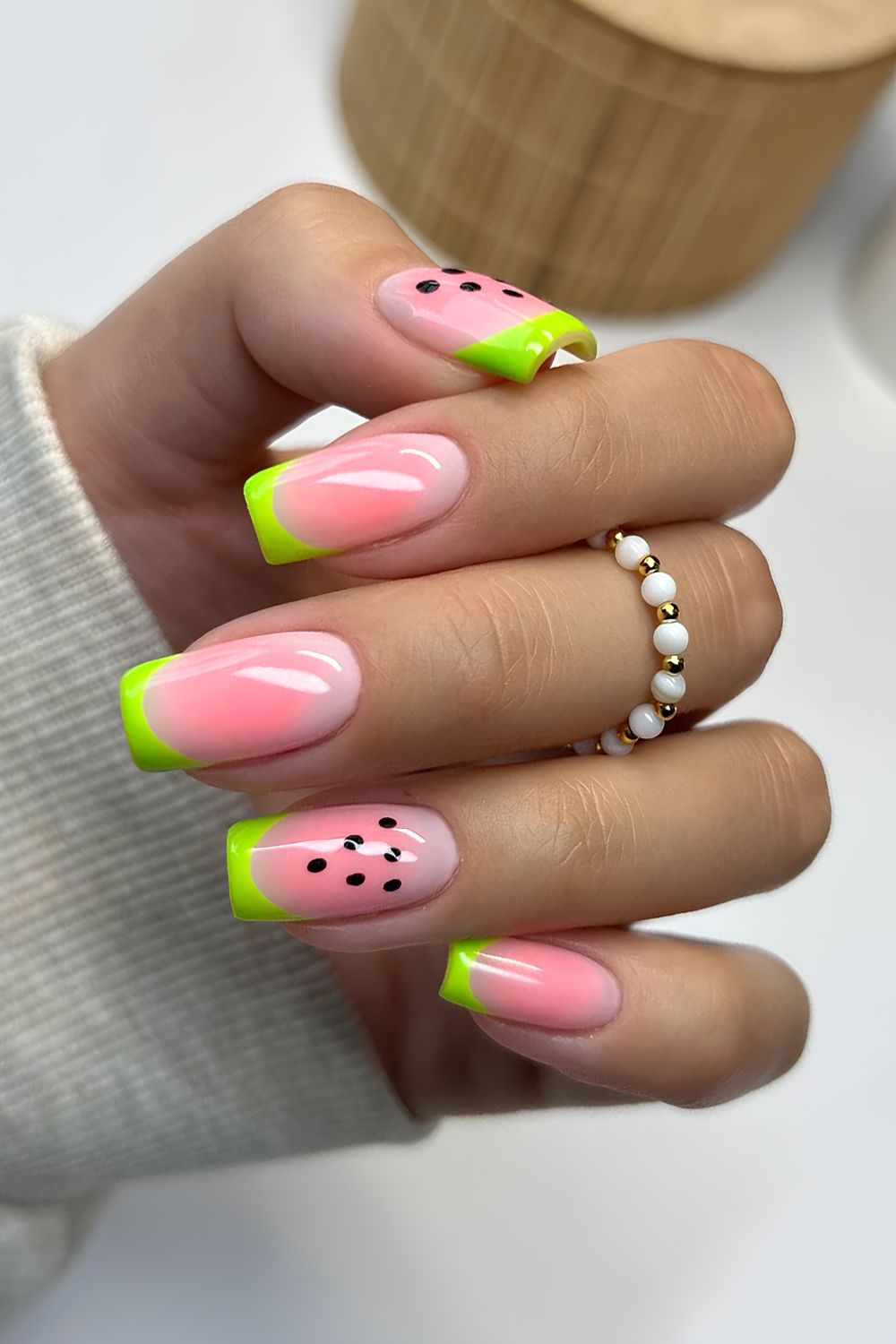 Green and pink French mani with watermelons