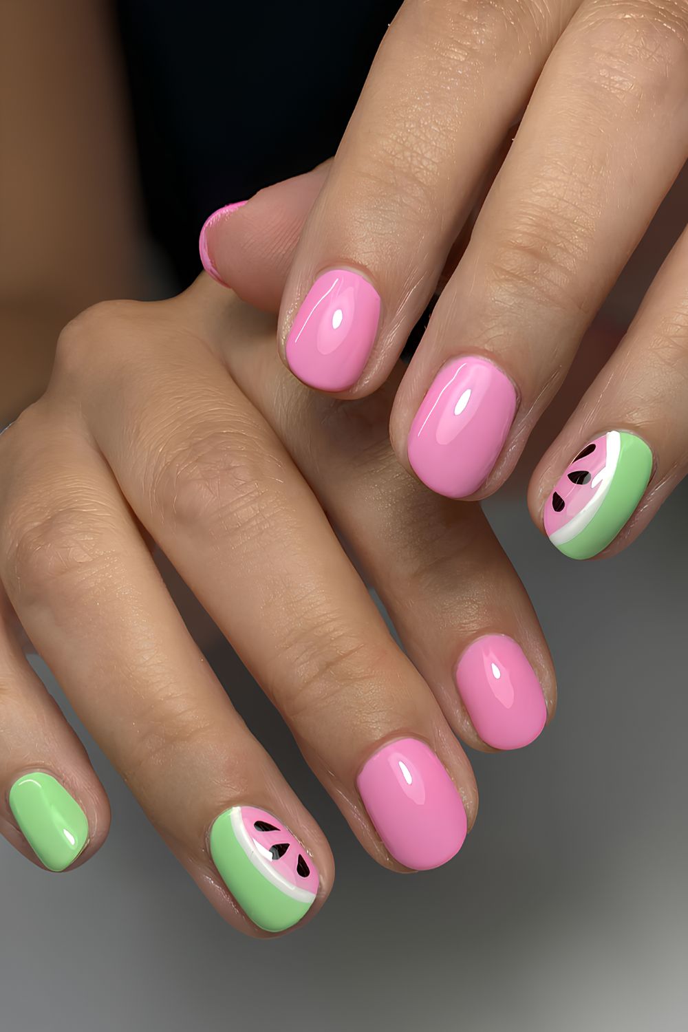 Green and pink nails with watermelon accents