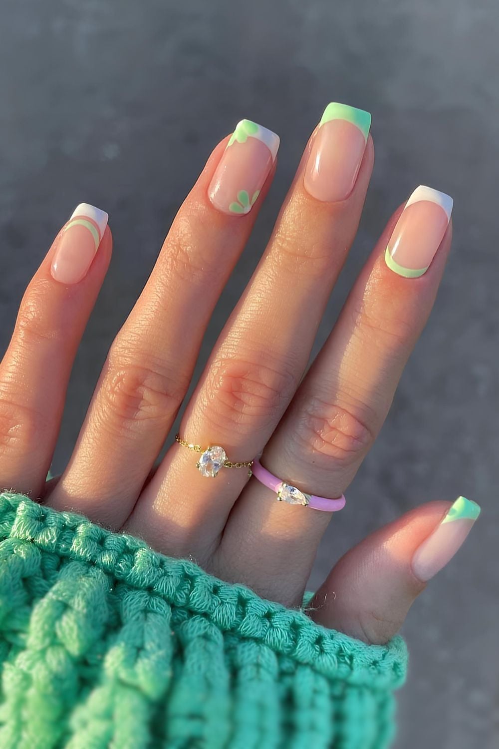 Green and white floral manicure