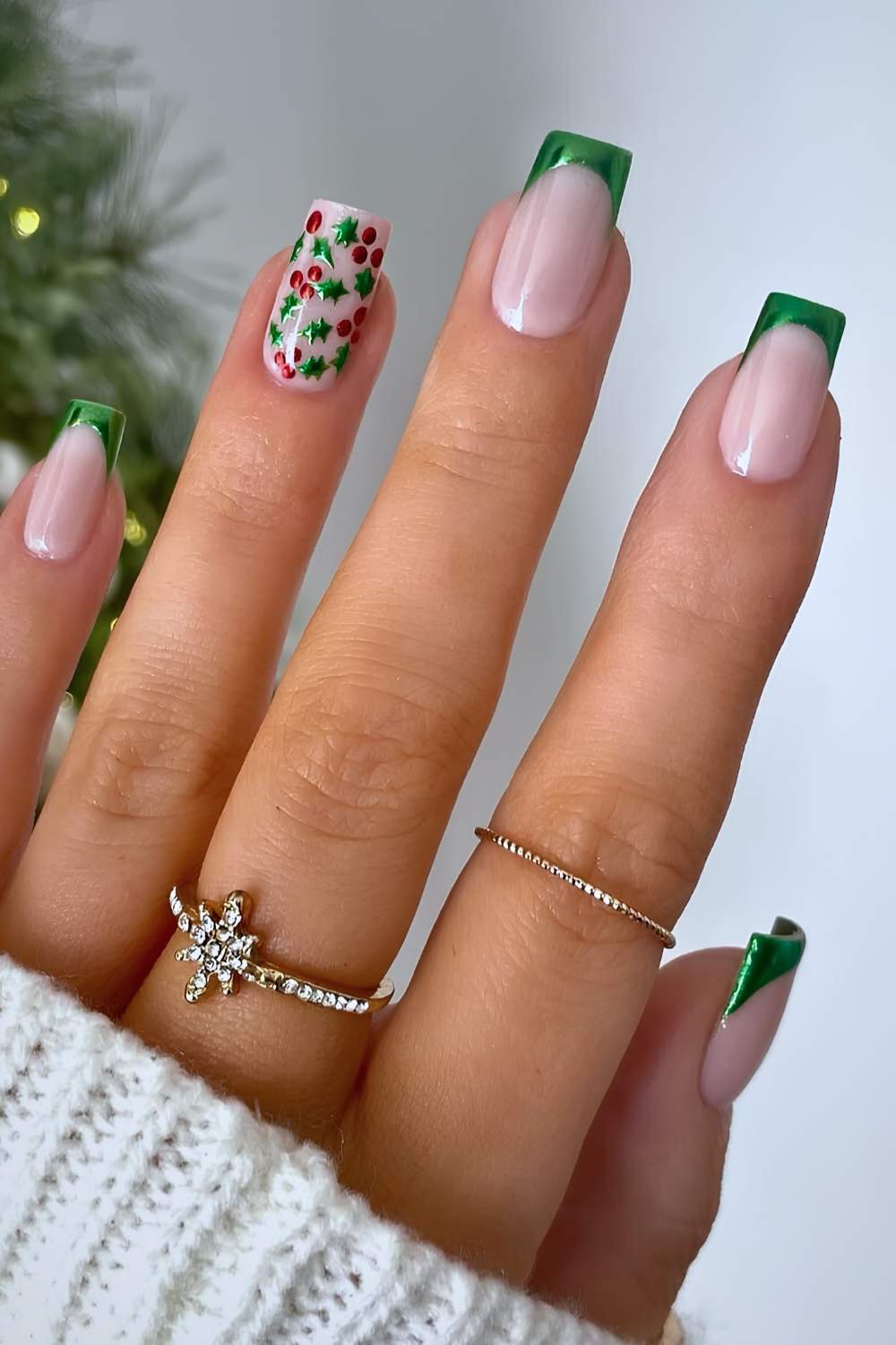 Green chrome French mani with holly berry art