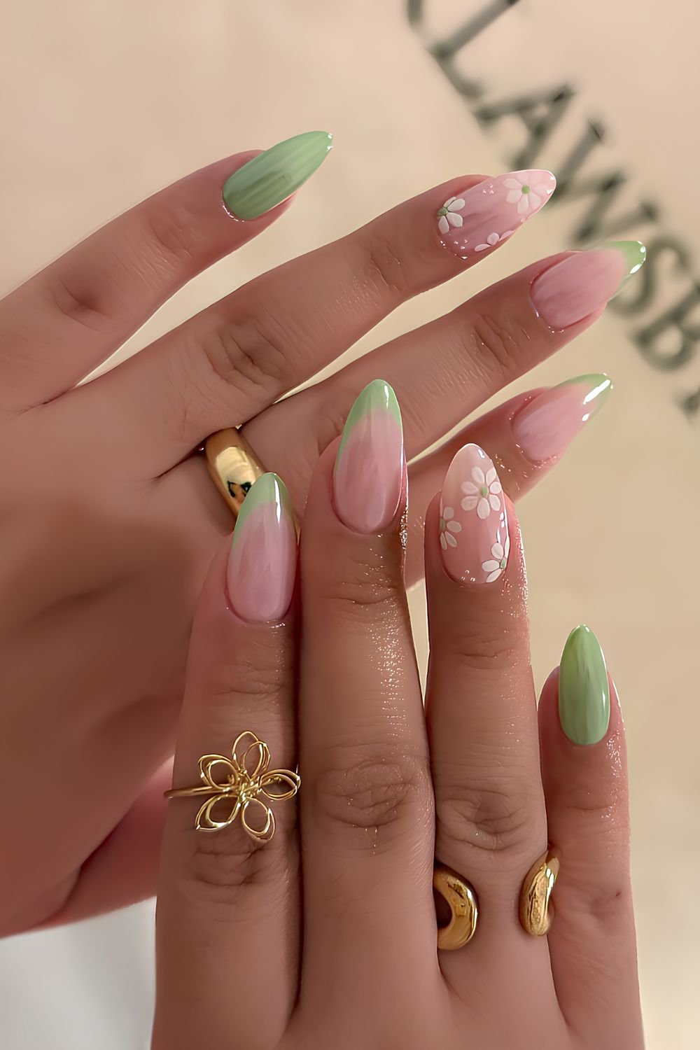 Green chrome nails with flowers
