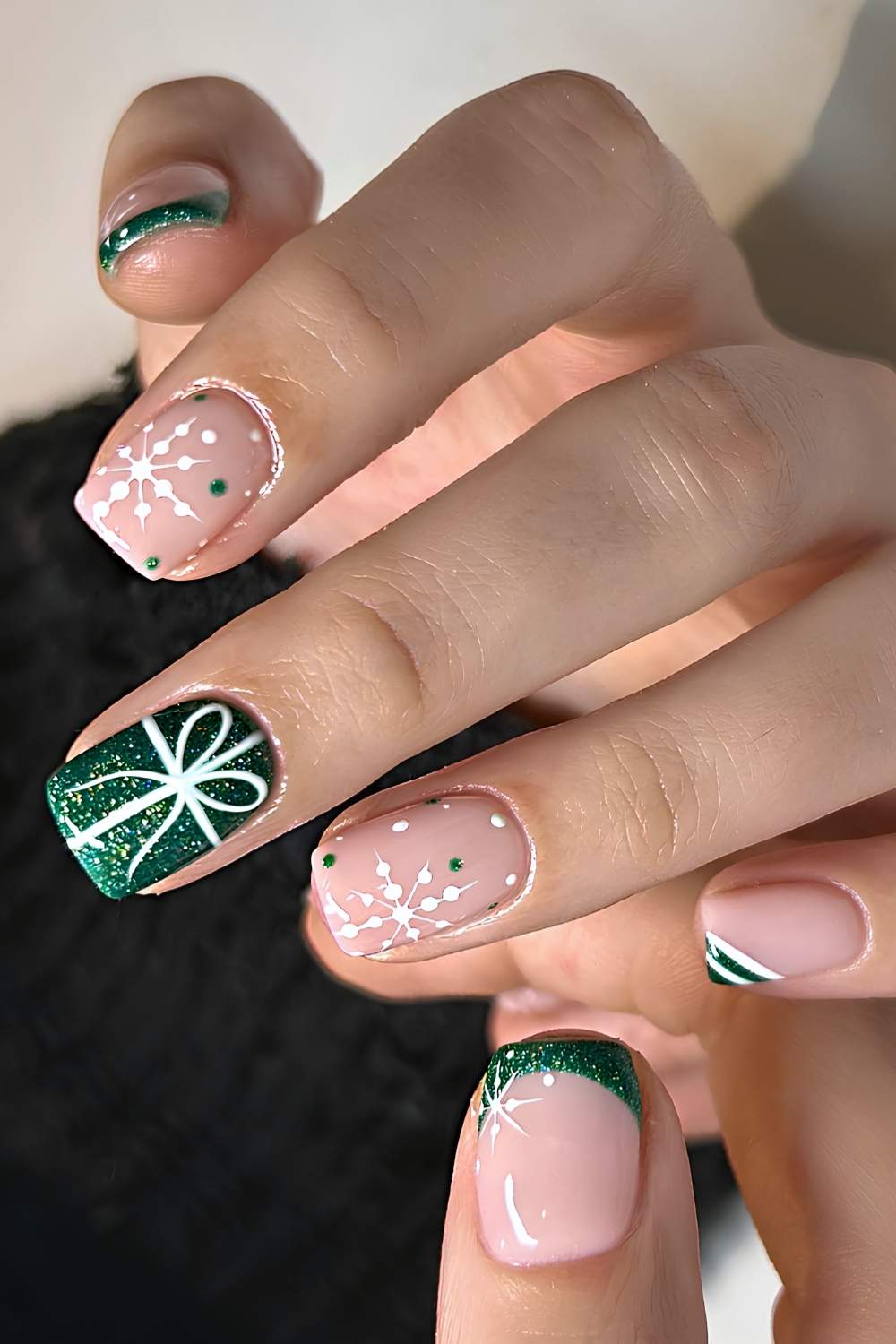Green glitter nails with gift bow art